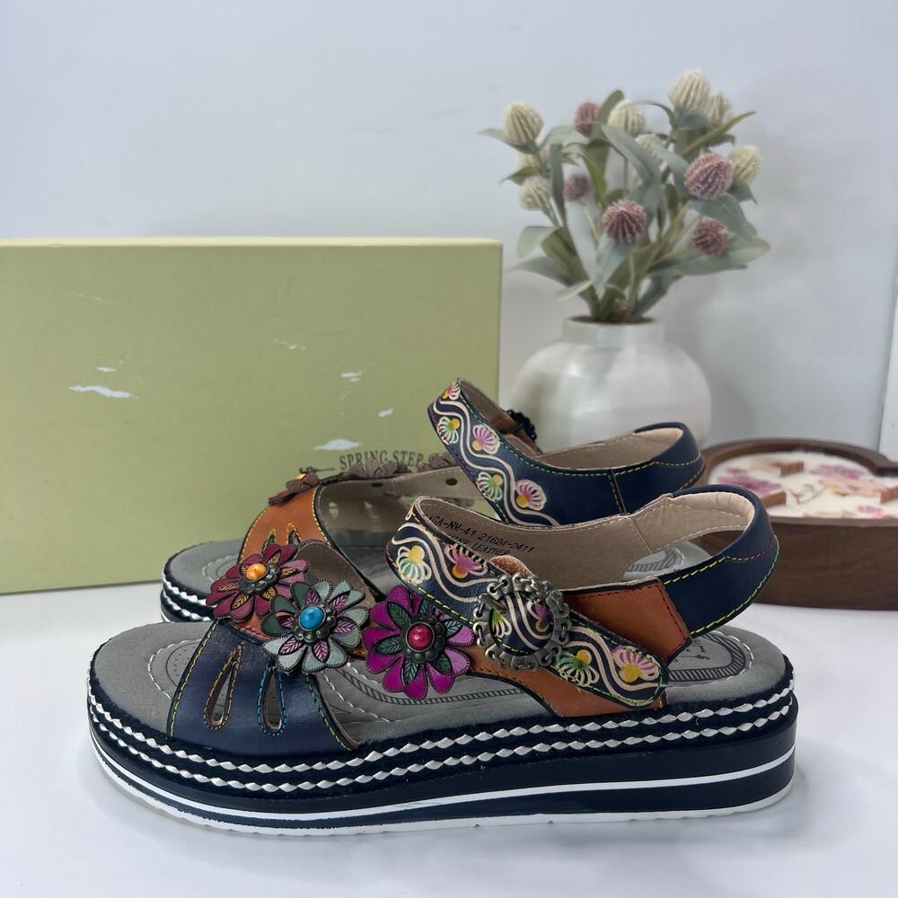 L'Artiste Laga Slingback Leather Wedge Sandals Navy Multi Women's 41/9.5-10 NWB